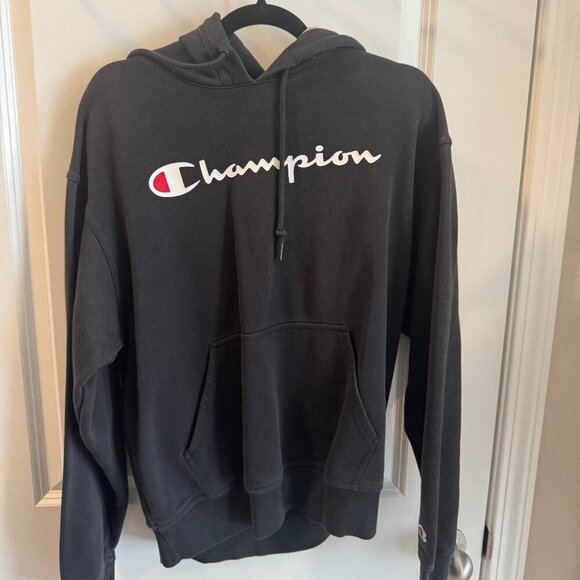 Champion Hoodie Men Medium Black Long Sleeve Drawstring Kangaroo Pocket Pullover - Picture 2 of 9
